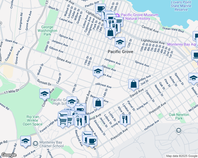 map of restaurants, bars, coffee shops, grocery stores, and more near 835 Forest Avenue in Pacific Grove
