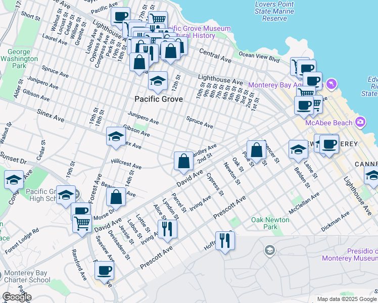 map of restaurants, bars, coffee shops, grocery stores, and more near 341 Gibson Avenue in Pacific Grove