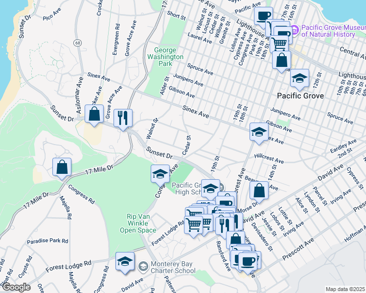 map of restaurants, bars, coffee shops, grocery stores, and more near 826 Marino Pines Road in Pacific Grove