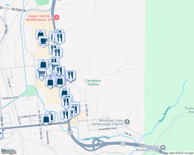 map of restaurants, bars, coffee shops, grocery stores, and more near Cemetery Hollow Road in Middlesboro