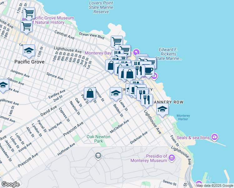 map of restaurants, bars, coffee shops, grocery stores, and more near 712 Laine Street in Monterey