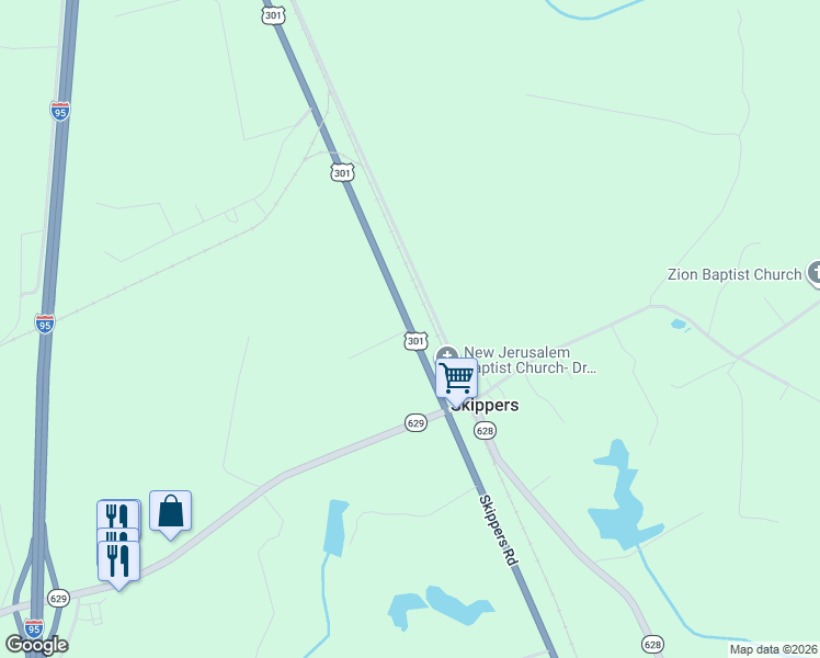 map of restaurants, bars, coffee shops, grocery stores, and more near 5123 Skippers Road in Skippers