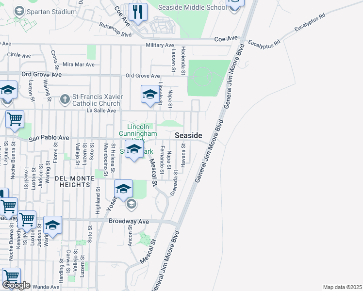 map of restaurants, bars, coffee shops, grocery stores, and more near 1764 Havana Street in Seaside