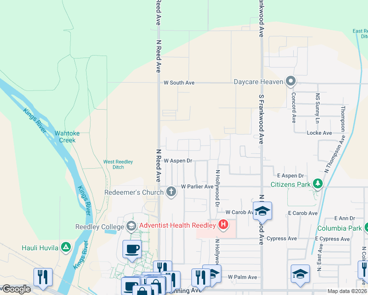 map of restaurants, bars, coffee shops, grocery stores, and more near 8352 South Reed Avenue in Reedley