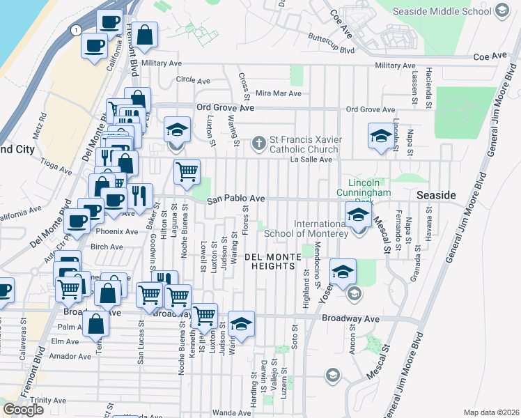 map of restaurants, bars, coffee shops, grocery stores, and more near 1778 Harding Street in Seaside