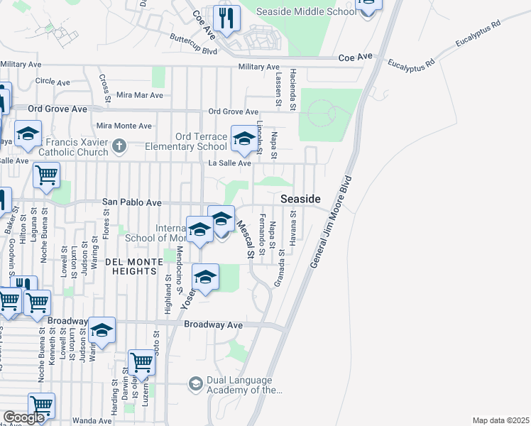 map of restaurants, bars, coffee shops, grocery stores, and more near 1784 Fernando Street in Seaside