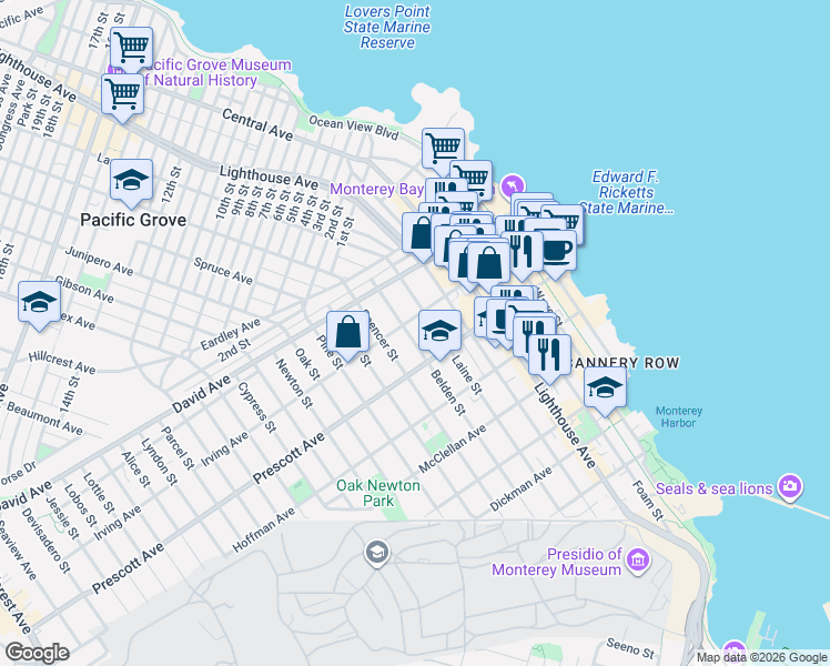 map of restaurants, bars, coffee shops, grocery stores, and more near 774 Belden Street in Monterey