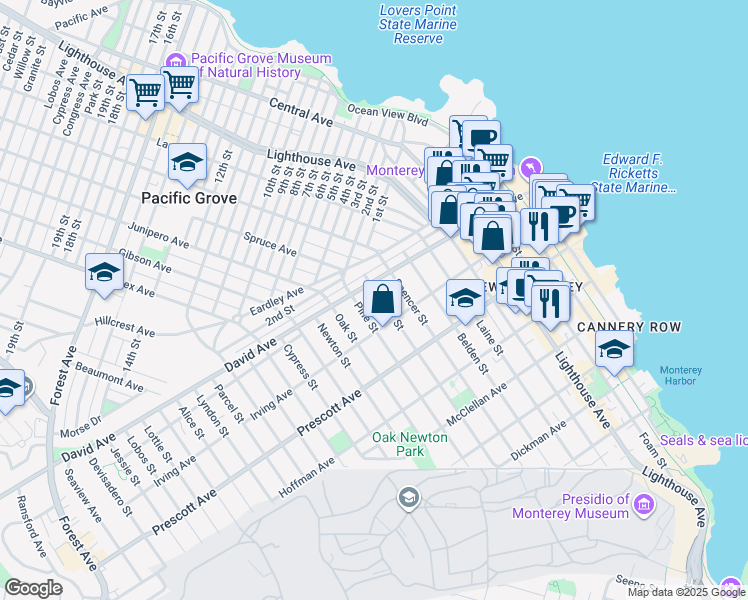 map of restaurants, bars, coffee shops, grocery stores, and more near 800 Irving Avenue in Monterey