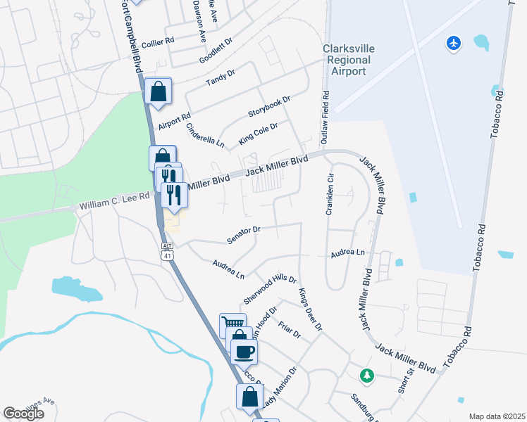 map of restaurants, bars, coffee shops, grocery stores, and more near 100 Thermal Court in Clarksville