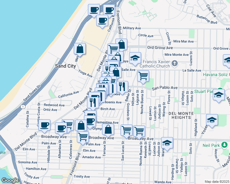 map of restaurants, bars, coffee shops, grocery stores, and more near 1173 Echo Avenue in Seaside