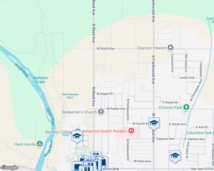map of restaurants, bars, coffee shops, grocery stores, and more near 8352 South Reed Avenue in Reedley
