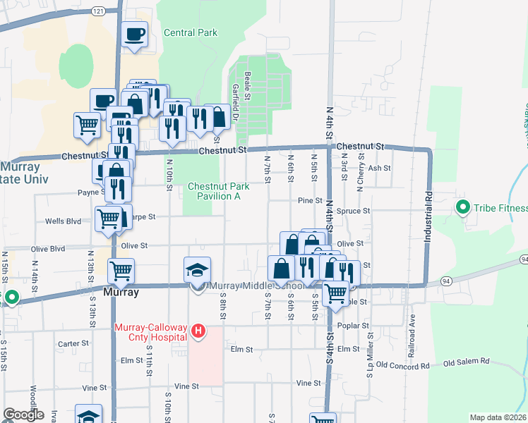 map of restaurants, bars, coffee shops, grocery stores, and more near 317 North 7th Street in Murray