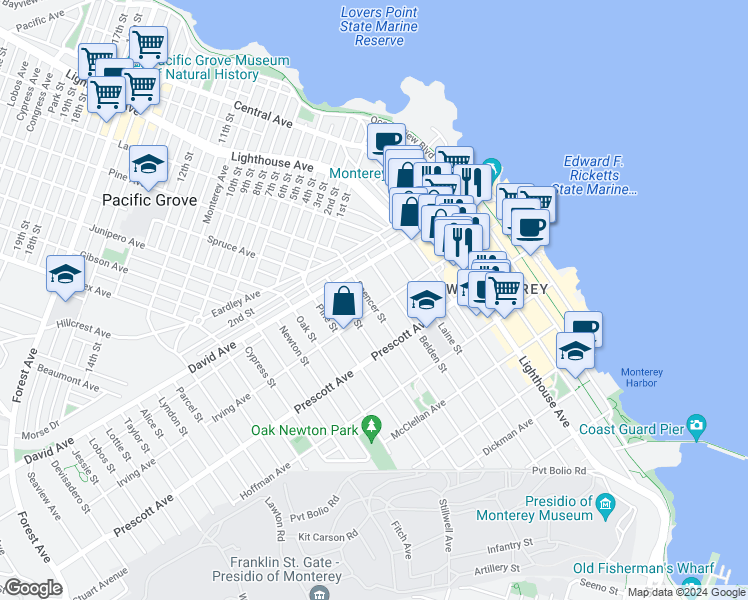 map of restaurants, bars, coffee shops, grocery stores, and more near 810 Spencer Street in Monterey