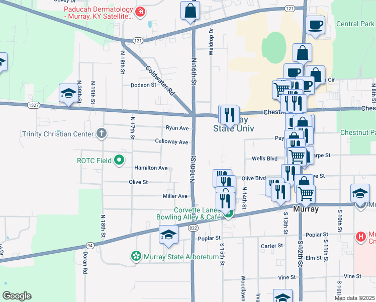 map of restaurants, bars, coffee shops, grocery stores, and more near 3101 Alexander Hall - 16th St N in Murray