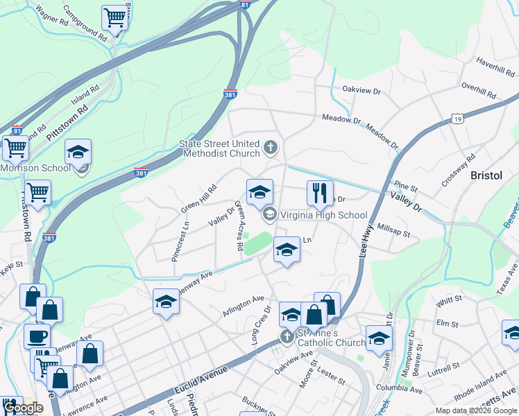 map of restaurants, bars, coffee shops, grocery stores, and more near 1200 Long Crescent Drive in Bristol