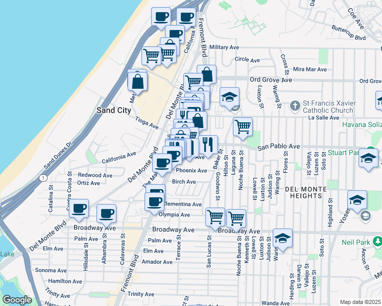 map of restaurants, bars, coffee shops, grocery stores, and more near 1137 San Pablo Avenue in Seaside