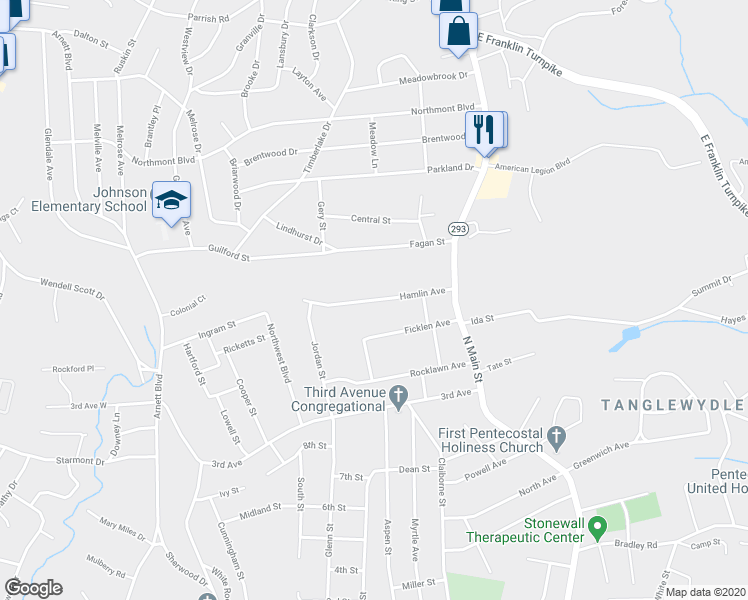 map of restaurants, bars, coffee shops, grocery stores, and more near 168 Hamlin Avenue in Danville