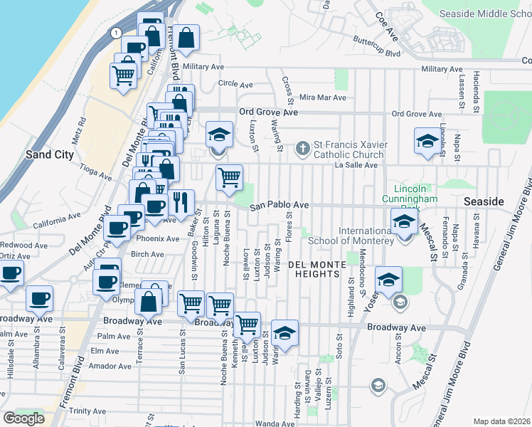 map of restaurants, bars, coffee shops, grocery stores, and more near 1783 Judson Street in Seaside