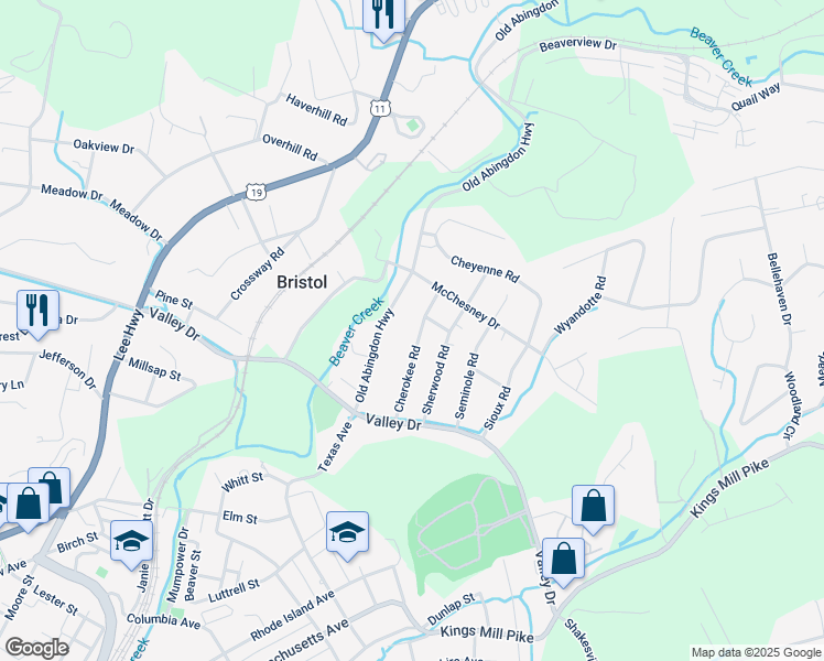 map of restaurants, bars, coffee shops, grocery stores, and more near 325 Cherokee Road in Bristol