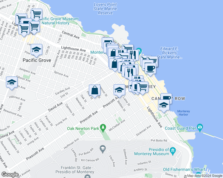 map of restaurants, bars, coffee shops, grocery stores, and more near 838 Belden Street in Monterey