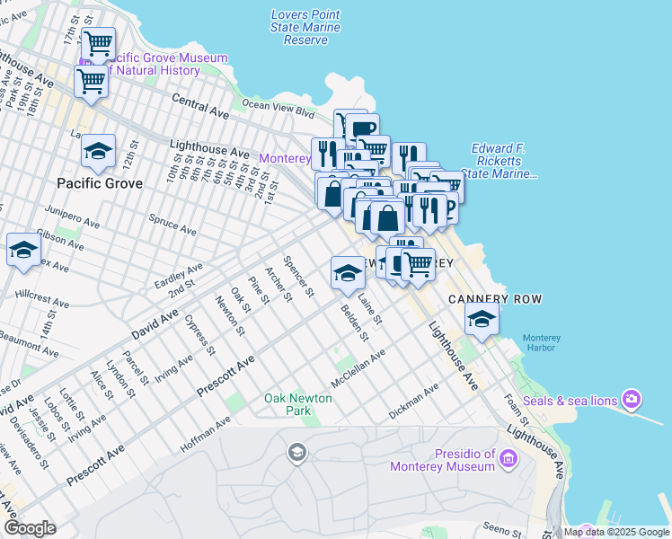 map of restaurants, bars, coffee shops, grocery stores, and more near 775 Laine Street in Monterey