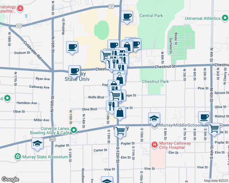 map of restaurants, bars, coffee shops, grocery stores, and more near 1299 Payne Street in Murray
