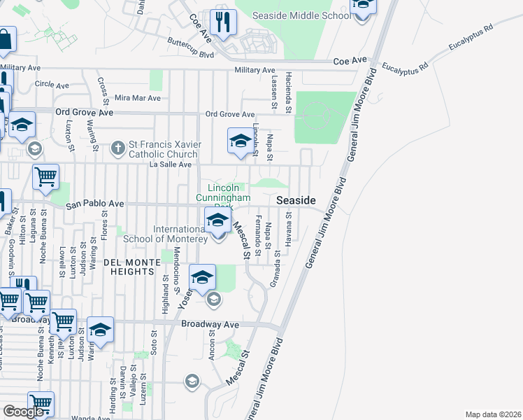 map of restaurants, bars, coffee shops, grocery stores, and more near 1790 Fernando Street in Seaside