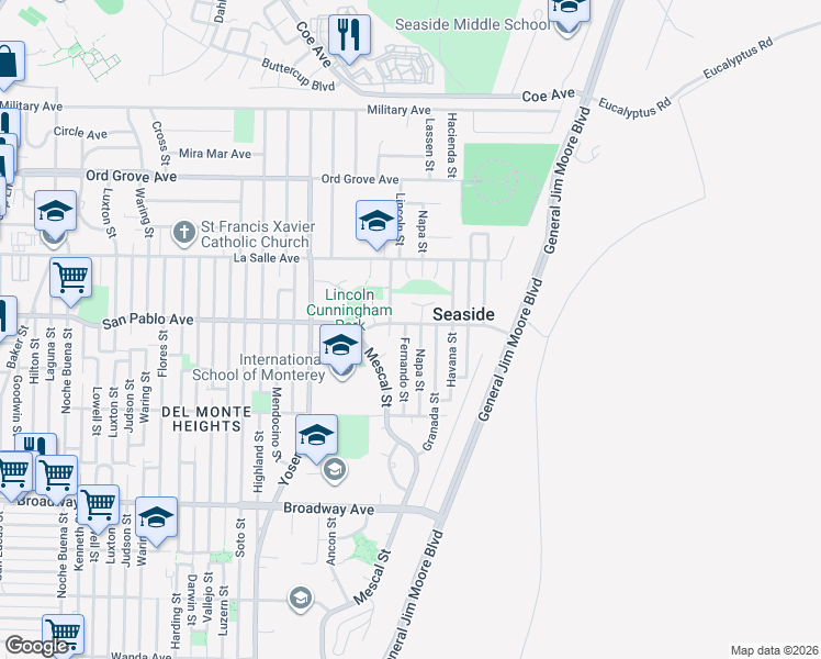 map of restaurants, bars, coffee shops, grocery stores, and more near 1790 Fernando Street in Seaside