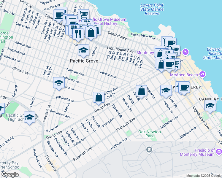 map of restaurants, bars, coffee shops, grocery stores, and more near 519 7th Street in Pacific Grove
