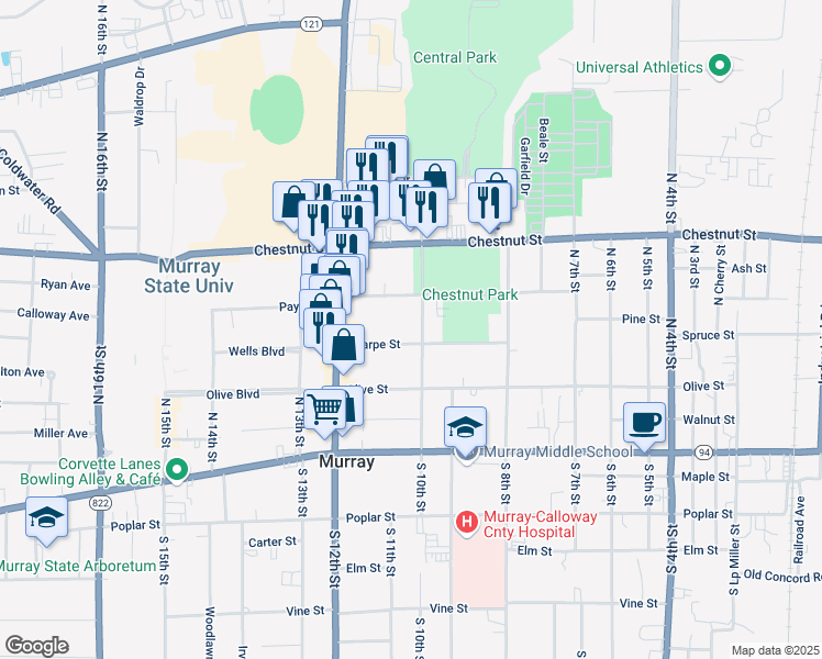 map of restaurants, bars, coffee shops, grocery stores, and more near 1001 Payne Street in Murray