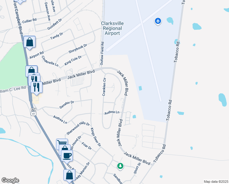 map of restaurants, bars, coffee shops, grocery stores, and more near 237 South Bombay Court in Clarksville