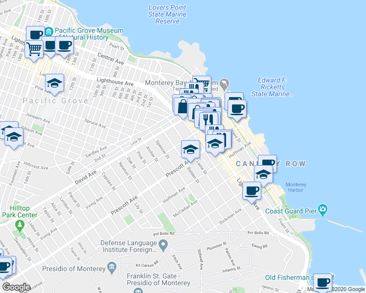 map of restaurants, bars, coffee shops, grocery stores, and more near 461 Irving Avenue in Monterey