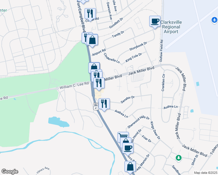 map of restaurants, bars, coffee shops, grocery stores, and more near 131 Jack Miller Boulevard in Clarksville