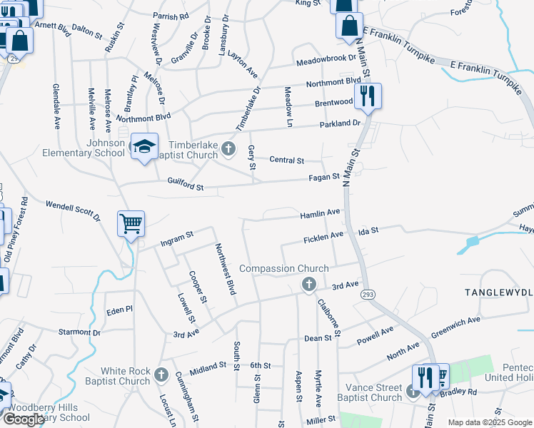 map of restaurants, bars, coffee shops, grocery stores, and more near 210 Hamlin Avenue in Danville