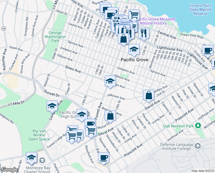 map of restaurants, bars, coffee shops, grocery stores, and more near 835 Forest Avenue in Pacific Grove