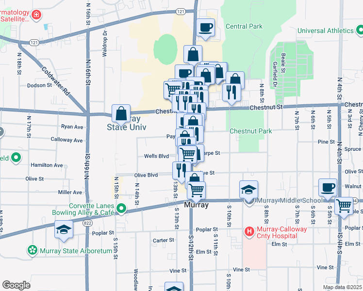 map of restaurants, bars, coffee shops, grocery stores, and more near 1201-1299 Payne St in Murray