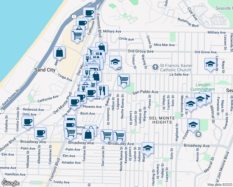 map of restaurants, bars, coffee shops, grocery stores, and more near 1787 Laguna Street in Seaside
