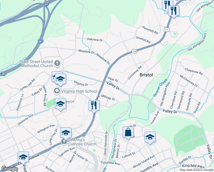 map of restaurants, bars, coffee shops, grocery stores, and more near 31 East Valley Drive in Bristol