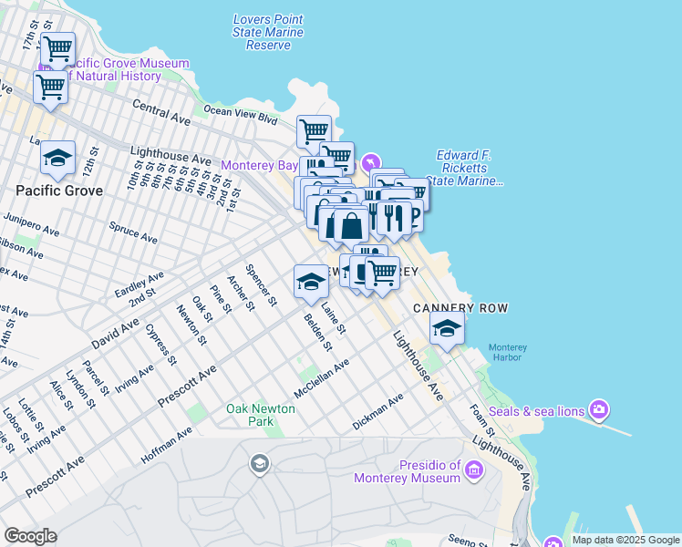 map of restaurants, bars, coffee shops, grocery stores, and more near 360 Prescott Avenue in Monterey