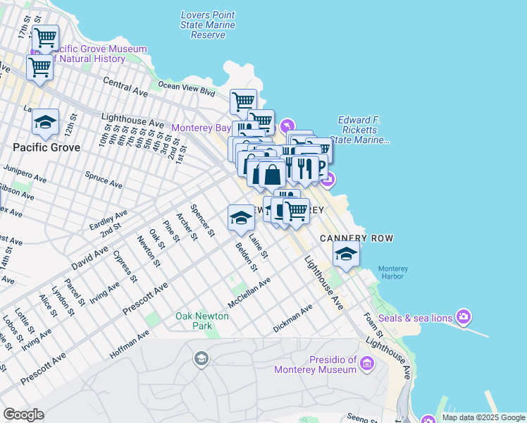 map of restaurants, bars, coffee shops, grocery stores, and more near 360 Prescott Avenue in Monterey