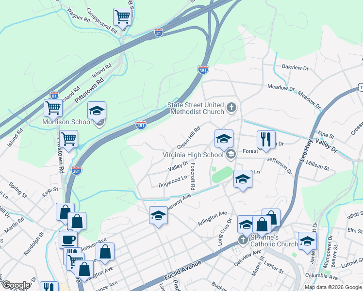 map of restaurants, bars, coffee shops, grocery stores, and more near Green Hill Road in Bristol