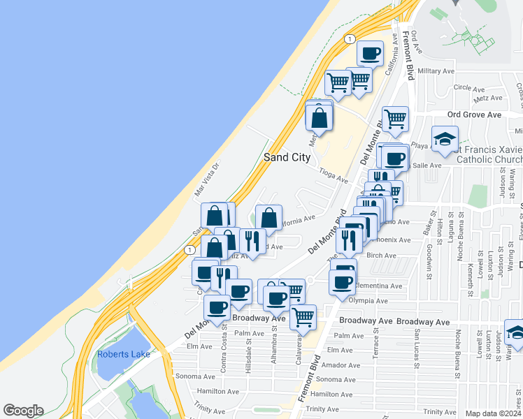 map of restaurants, bars, coffee shops, grocery stores, and more near 1865 Ocean View Avenue in Sand City