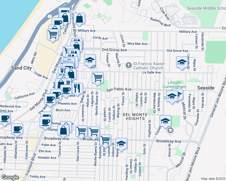 map of restaurants, bars, coffee shops, grocery stores, and more near 1801 Luxton Street in Seaside