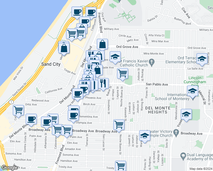 map of restaurants, bars, coffee shops, grocery stores, and more near 1195 San Pablo Court in Seaside