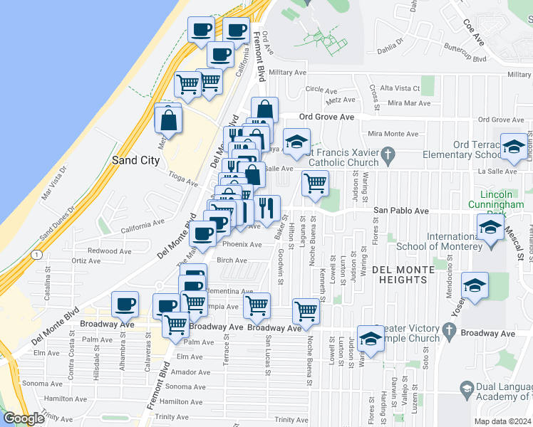 map of restaurants, bars, coffee shops, grocery stores, and more near 1195 San Pablo Court in Seaside