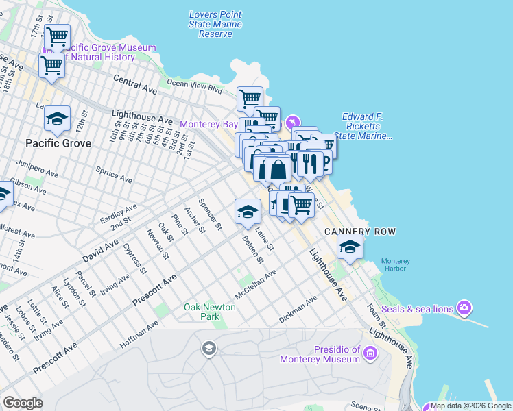map of restaurants, bars, coffee shops, grocery stores, and more near 755 Lighthouse Avenue in Monterey