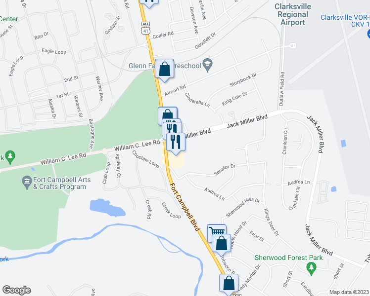 map of restaurants, bars, coffee shops, grocery stores, and more near 132 Jack Miller Boulevard in Clarksville