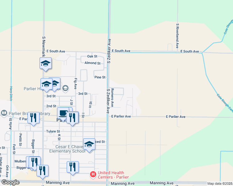 map of restaurants, bars, coffee shops, grocery stores, and more near 250 Zulma Road in Parlier