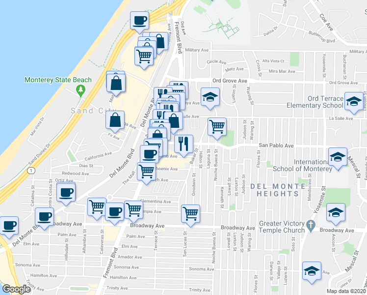 map of restaurants, bars, coffee shops, grocery stores, and more near 1210 San Pablo Avenue in Seaside