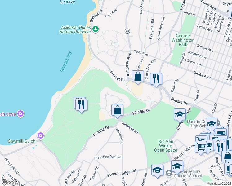 map of restaurants, bars, coffee shops, grocery stores, and more near 28 Spanish Bay Circle in Del Monte Forest